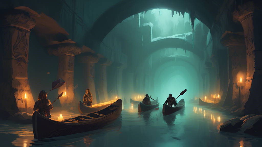 A group of adventurers in canoes silently paddling through a misty, eerie underground catacomb filled with ancient artifacts and glowing runes.