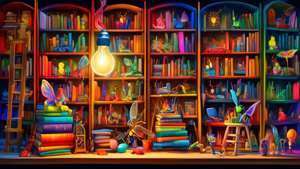 A whimsical bookshelf overflowing with colorful children's books, paintbrushes, and toys, with a glowing lightbulb hovering above it.