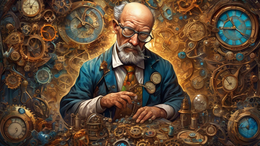 A frantic clockmaker surrounded by gears and clock faces, with sand pouring from their own pockets and sleeves.