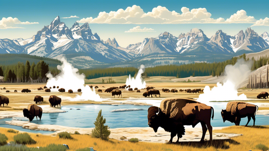 A panoramic view of Yellowstone National Park showcasing its diverse landscape, from geothermal geysers erupting under the clear blue sky to a herd of bison grazing in the verdant valleys, with the majestic Grand Tetons in the background.