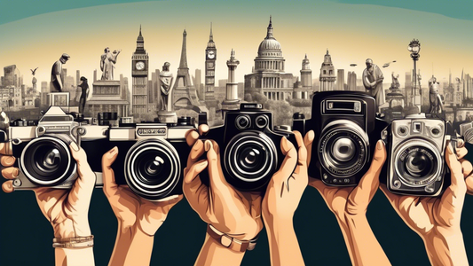 An artistic representation of various hands holding different cameras, from vintage to modern, against the backdrop of iconic world landmarks merging into one panoramic view.