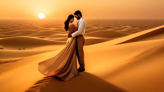 An elegantly dressed couple embracing gently, with the backdrop of a golden sunset highlighting Dubai's desert dunes, capturing the essence of eternal love in a memorable photoshoot.