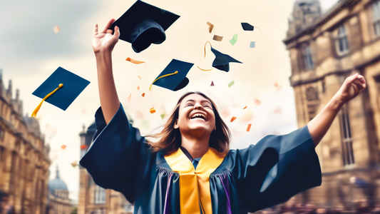 Digital artwork of a joyous student throwing their graduation cap in the air with the iconic landmarks of Leeds softly blurred in the background, signifying moving on to a new chapter in life.