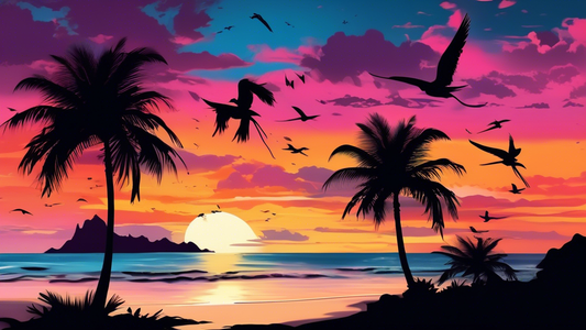 An enchanting sunset over the pristine beaches of the Seychelles with exotic birds flying across a colorful sky and silhouette of palm trees.