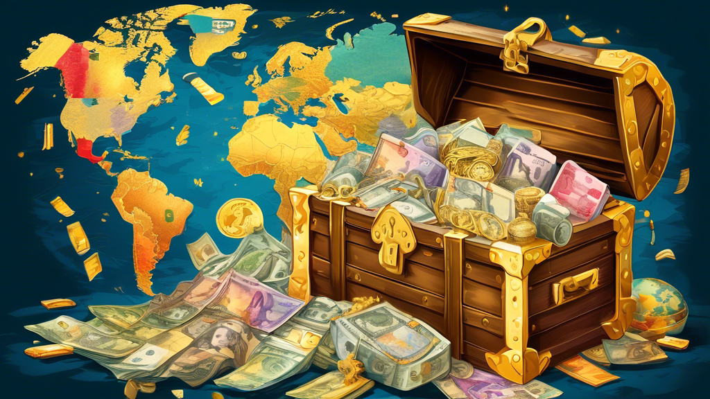 Detailed illustration of a colorful treasure chest overflowing with various currencies from around the world against a backdrop of a world map made of gold