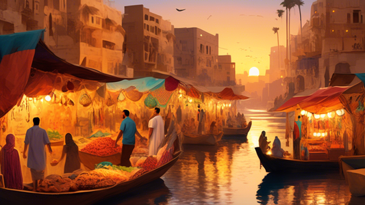 An enchanting collage featuring hidden gems in Shubra El Kheima, Egypt, showcasing vibrant street markets, unique local crafts, and serene, undiscovered river spots beyond the typical tourist trail, all illuminated in the golden light of sunset.