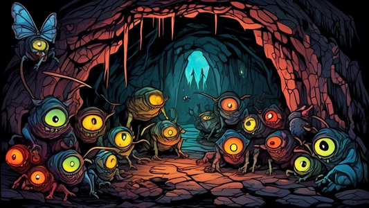 A group of grotesque, shadowy creatures with glowing eyes emerging from a dark cave, with a warning sign that reads Beware the Trogs.