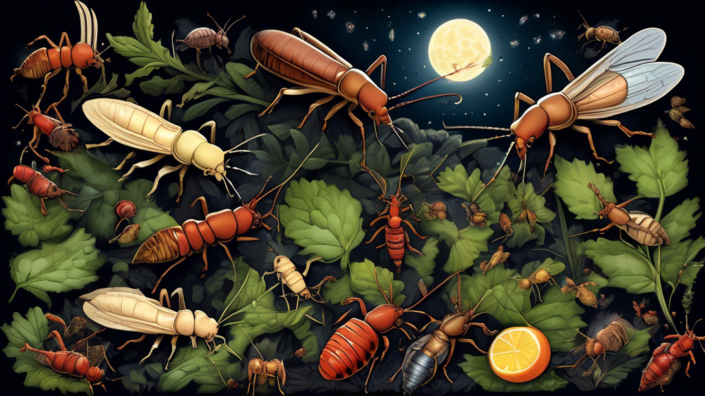 An intricately detailed illustration showcasing a variety of earwigs feasting on different food sources, including plant matter and small insects, in a garden environment at night under the moonlight.