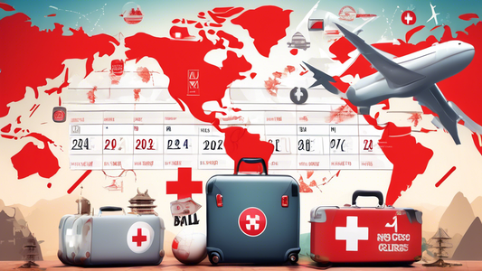 A futuristic calendar marking the year 2024 with a red cross over Bali on a world map, surrounded by travel icons like airplanes and luggage, with a warning sign in the foreground.