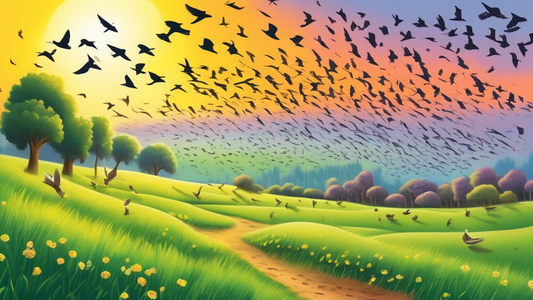 Title: The Return of Migratory Birds Marks an Early Spring

DALL-E Prompt: Illustrate a vibrant sunrise over a lush green meadow, with a diverse flock of migratory birds in mid-flight returning home, signaling the arrival of an early spring.