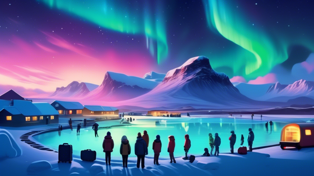 Stunning image of the Northern Lights over the iconic Blue Lagoon in Iceland, with a group of happy travelers in the foreground, 2024 travel calendar and suitcase beside them.