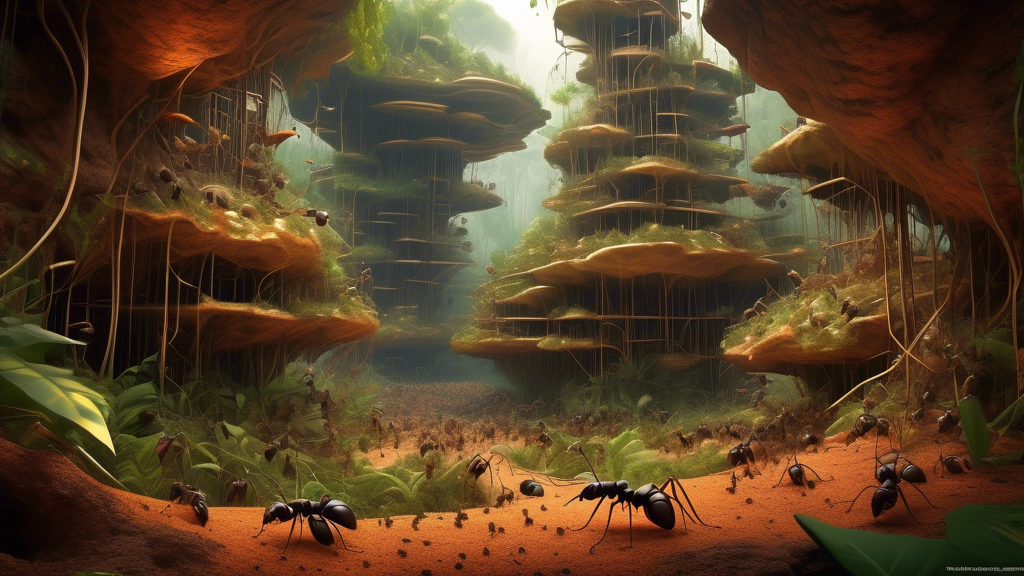 An intricate network of underground ant colonies showcasing architectural marvels, with bustling ant workers coordinating construction and maintenance tasks, against a backdrop of a lush, vibrant forest ecosystem.