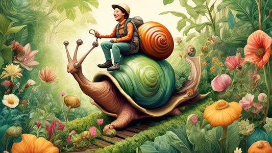 A whimsical illustration of a person in explorer attire, riding on the back of a giant, friendly snail, traveling through a lush, oversized garden with exaggerated plants and flowers, depicting an adventurous journey into the world of snails.