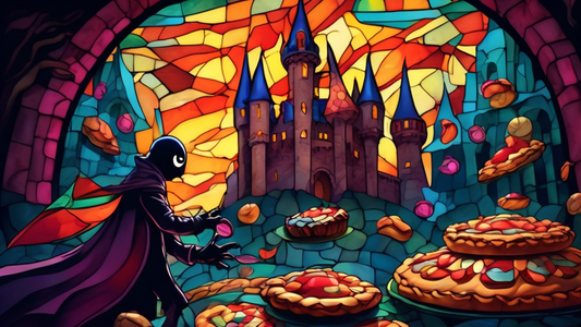 A shadowy figure with glowing eyes stealing a pie from a castle made of giant pastries.