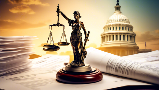 A gavel resting on a stack of legal documents, with the United States Capitol Building in the background and a translucent figure of Lady Justice hovering above.