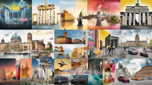 Digital montage showcasing an eclectic collection of the 19 best contemporary artworks, exhibiting the winners of the 2024 World Art Awards, against a backdrop of iconic German landmarks.