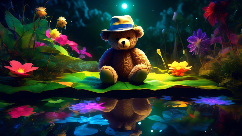 A teddy bear named Toby wearing a explorers hat gazing in wonder at a magical glowing flower garden floating on a giant leaf in a moonlit pond.