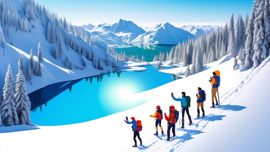 Vibrant image of a group of hikers reaching the serene Snow Lake, WA, under a clear blue sky, with one hiker holding up a smartphone displaying a glowing 5-star Google review.