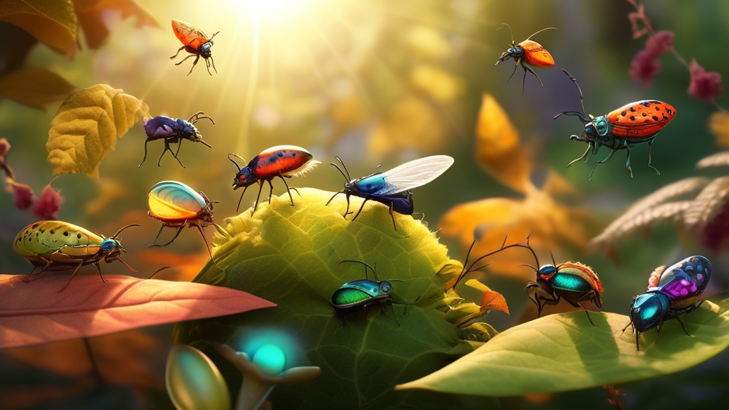 A serene garden filled with colorful, mystical bugs meditating on leaves under a radiant, setting sun.