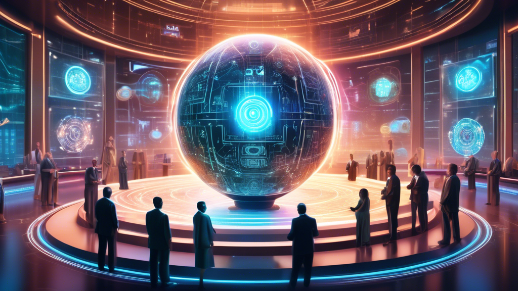 A futuristic scene where billionaires are in a high-tech, digital auction room fiercely competing for an advanced AI technology, represented by a glowing, intricate orb in the center, surrounded by holographic data and AI symbols.