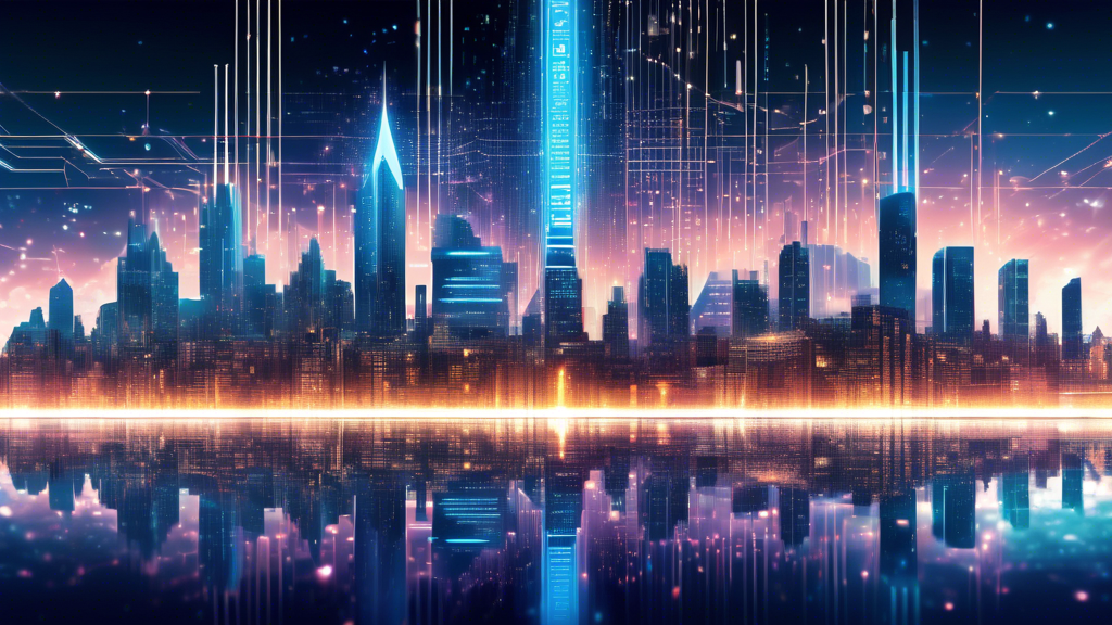 Detailed digital artwork of a futuristic city skyline divided by a glowing digital divide, with traditional government buildings on one side and abstract, decentralized blockchain networks floating on the other, under a sky streaked with binary code.