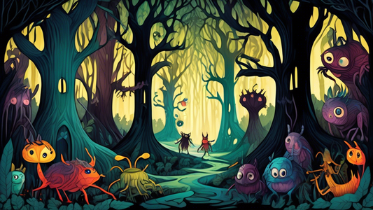 A children's storybook opened to reveal a dark and twisted forest with monsters hiding in the shadows, illustrated in a whimsical storybook style.