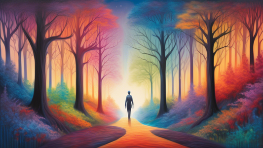 An ethereal painting of a lone figure walking through a surreal, colorful forest path, with elements of all four seasons represented harmoniously on either side, while the path glows gently under a twilight sky.