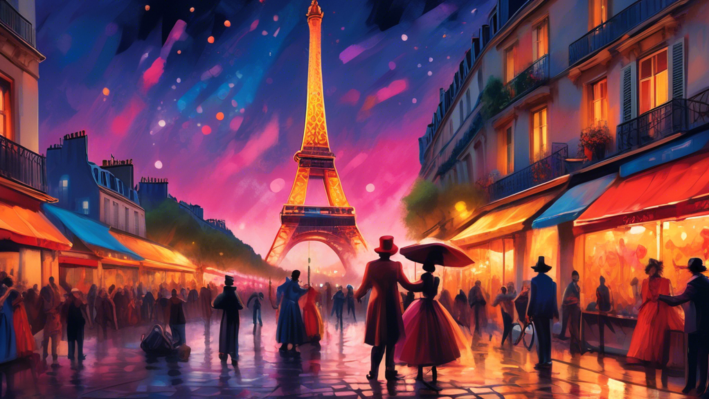 An enchanting twilight view of the Eiffel Tower with lively, artistic street performers in the foreground, capturing the vibrant spirit of Paris.