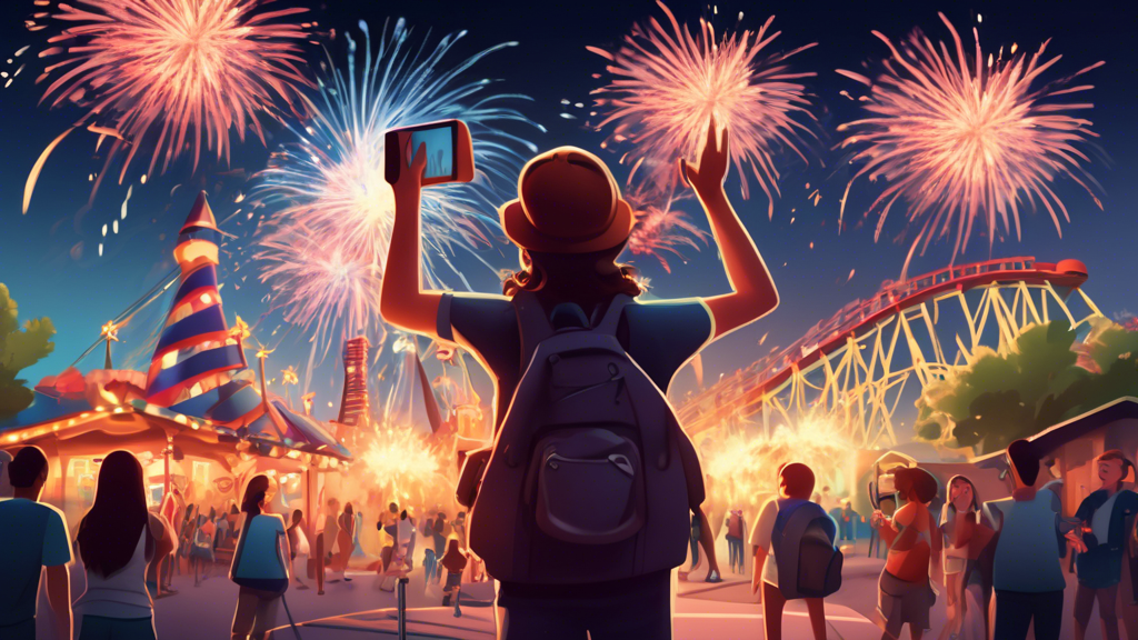 An excited person standing at the entrance of a theme park, holding a map and a camera, with fireworks and roller coasters in the background, capturing the essence of a new adventure.