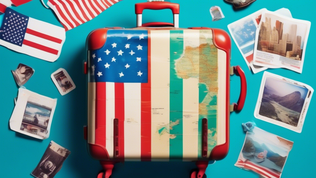 A luggage suitcase with an American flag sticker on it opening to reveal three blurry, dreamlike objects representing adaptation: a melting pot, a handshake, and a map.