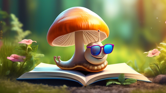 A snail wearing sunglasses relaxing under a large mushroom on a sunny day