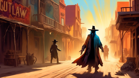 A wizard with glowing hands faces off against a wild west outlaw in a dusty street at high noon, dramatic lighting