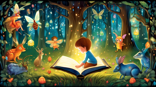 A whimsical storybook scene with a magical glowing book open to a forest scene with a curious child peeking inside, surrounded by friendly woodland creatures and a sparkling fairy, in the style of a c