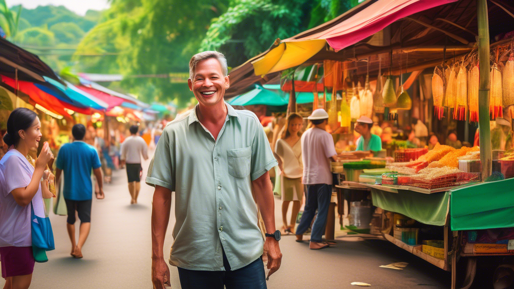 A middle-aged man in casual attire exploring a vibrant Thai market filled with colorful street food stalls and handcrafted goods, smiling and engaged in conversation with a local woman. In the backgro