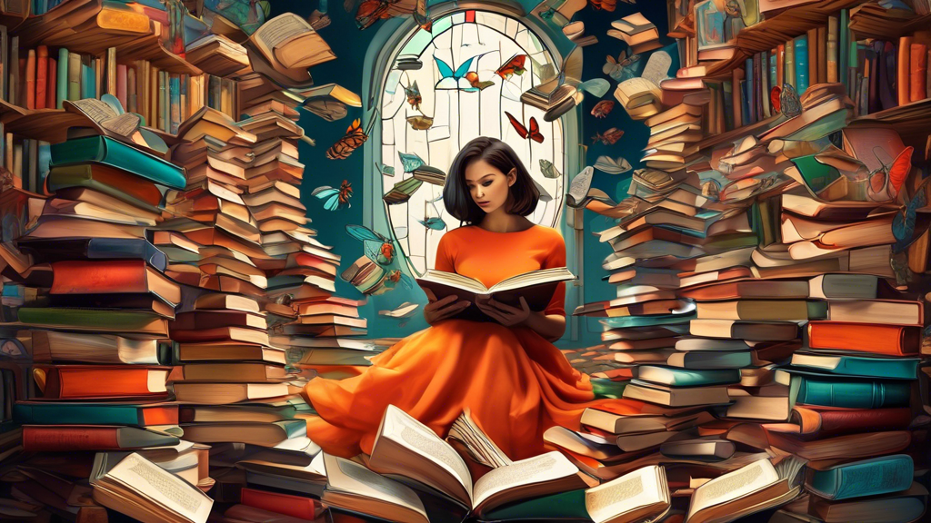 A woman surrounded by floating books, each open to a different fantastical scene.