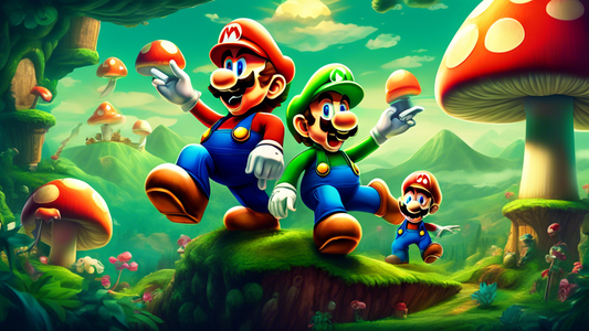 Colorful digital artwork of Mario and Luigi setting out on an adventurous journey through the Mushroom Kingdom, with iconic characters and elements from The Super Mario Bros. Movie, 2023, in a whimsical, engaging scene.