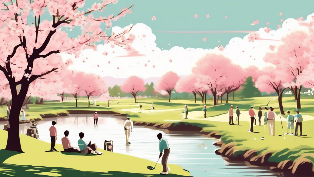 Serene landscape of a golf course with blooming cherry blossoms and players enjoying a sunny spring day.