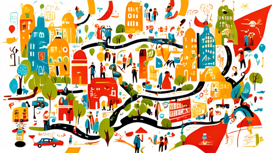 Illustration of a group of baby boomer tourists happily navigating a cultural city map together, with hidden symbols representing secrets to understanding them as customers, in a vibrant, travel-inspired style.