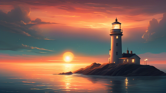 An ethereal sunset blending into a serene, expansive ocean, with a solitary lighthouse casting a warm, guiding light.