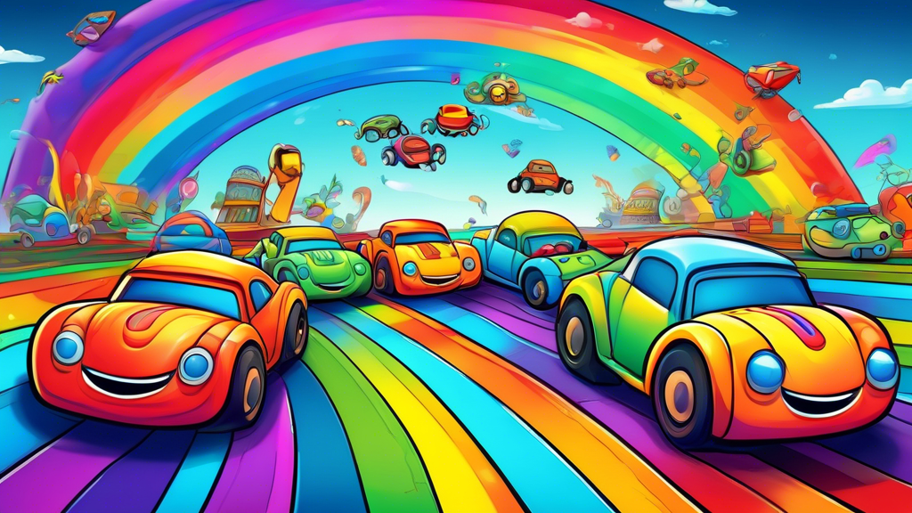 A friendly cartoon ark racing colorful cars on a rainbow race track.