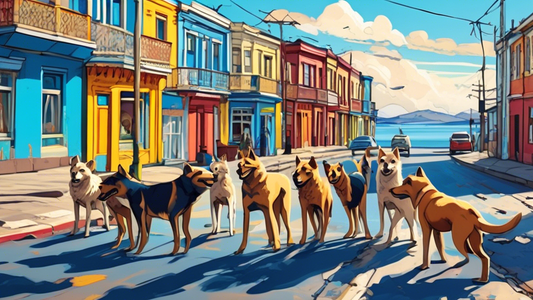 Street view of a pack of stray dogs wandering together in the colorful streets of Punta Arenas, Chile, with the Strait of Magellan in the background, under a bright blue sky.