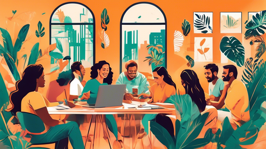 A diverse group of people collaborating on social impact projects in a vibrant coworking space in Sao Paulo, with a montage of their experiences during their sabbatical, including workshops, community