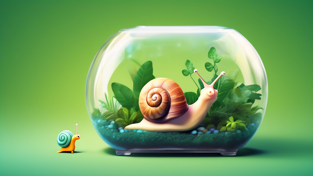 A happy snail in a terrarium with ideal humidity levels, surrounded by lush green plants and a water mister.