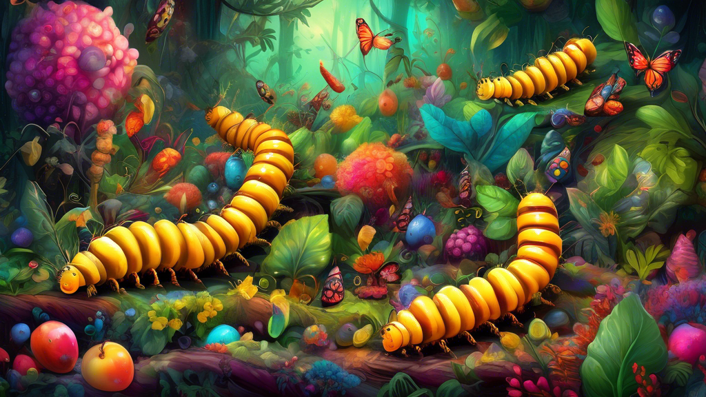 An enchanting digital painting of numerous vibrant caterpillars feasting on a colorful assortment of unexpected foods, set in a lush, magical forest.