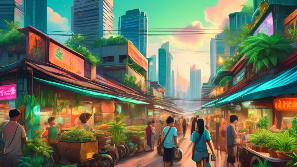 Create an image showcasing a vibrant, futuristic urban scene in Thailand. The skyline is peppered with modern buildings and lush green rooftops where cannabis plants flourish. Local vendors sell canna