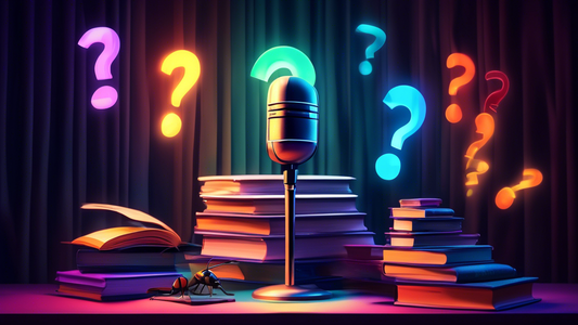 A podcast microphone interviewing a stack of books with glowing question marks floating above them.