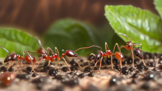 An illustrated easy-care guide showcasing a happy, thriving Tetramorium caespitum (Pavement Ant) farm, with detailed illustrations of maintenance tips, feeding instructions, and optimal habitat setup.