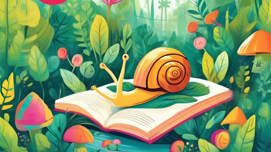 A whimsical, colorful illustration of a snail sanctuary filled with lush greenery, tiny houses, and happy snails.