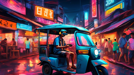 A tuk-tuk driver wearing a VR headset while navigating the chaotic streets of Bangkok at night, with neon signs and street food vendors in the background