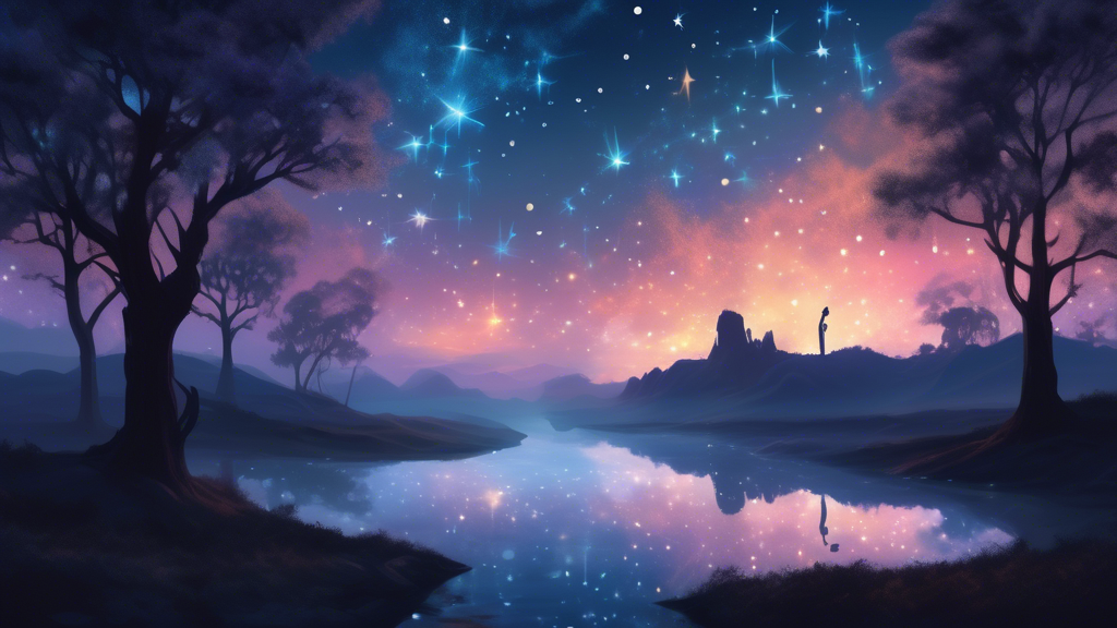 An ethereal landscape at dusk where shadows morph into luminous, glowing figures, symbolizing hope and transformation, under a majestic starlit sky.